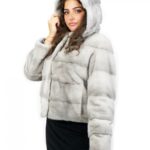 Pelliccia di visone orizzontale zaffiro 42 coulisse interna manica lunga cappuccio chiusura ganci