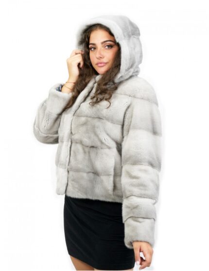 Pelliccia di visone orizzontale zaffiro 42 coulisse interna manica lunga cappuccio chiusura ganci