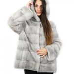 Pelliccia 64 cm di visone orizzontale zaffiro 44 coulisse interna manica lunga cappuccio chiusura ganci