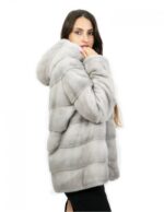 Pelliccia 64 cm di visone orizzontale zaffiro 44 coulisse interna manica lunga cappuccio chiusura ganci