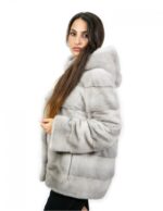 Pelliccia 64 cm di visone orizzontale zaffiro 44 coulisse interna manica lunga cappuccio chiusura ganci