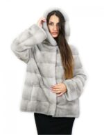 Pelliccia 64 cm di visone orizzontale zaffiro 46 coulisse interna manica lunga cappuccio chiusura ganci