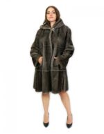 Horizontal coat and full leather 48 Blue iris mink fur with hood and long sleeves hooks - Image 5