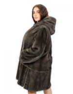 Horizontal coat and full leather 48 Blue iris mink fur with hood and long sleeves hooks - Image 3