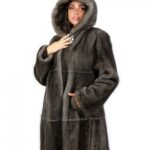 Cappotto orizzontale e pelle intera 48 Blu iris pelliccia visone con cappuccio e maniche lunghe ganci