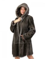 Cappotto orizzontale e pelle intera 48 Blu iris pelliccia visone con cappuccio e maniche lunghe ganci