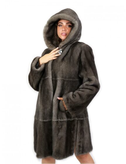 Cappotto orizzontale e pelle intera 48 Blu iris pelliccia visone con cappuccio e maniche lunghe ganci