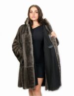 Horizontal coat and full leather 48 Blue iris mink fur with hood and long sleeves hooks - Image 7