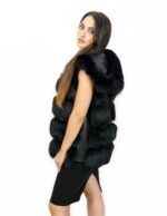 46 kurze schwarze Fox Weste mit ledergefütterter Kapuze und voluminös mit Reißverschluss und Außentaschen – Bild 4