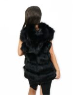 46 kurze schwarze Fox Weste mit ledergefütterter Kapuze und voluminös mit Reißverschluss und Außentaschen – Bild 6