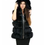Gilet di volpe nero corto 46 con cappuccio foderato pelle e voluminoso con zip e tasche esterne