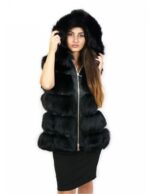 Gilet di volpe nero corto 46 con cappuccio foderato pelle e voluminoso con zip e tasche esterne