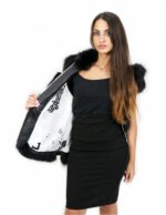 46 kurze schwarze Fox Weste mit ledergefütterter Kapuze und voluminös mit Reißverschluss und Außentaschen – Bild 7