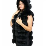 Gilet di volpe nero 48 con cappuccio foderato pelle e voluminoso con zip e tasche esterne