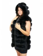 Gilet di volpe nero 48 con cappuccio foderato pelle e voluminoso con zip e tasche esterne