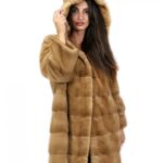 Cappotto pelliccia 52 visone redglow con cappuccio 81 centimetri orizzontale tasche esterne