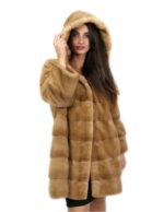 Cappotto pelliccia 52 visone redglow con cappuccio 81 centimetri orizzontale tasche esterne