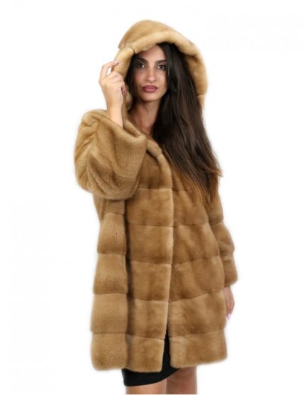 Cappotto pelliccia 52 visone redglow con cappuccio 81 centimetri orizzontale tasche esterne