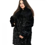 Mink petal coat 50 with fox fur collar hook closure and long sleeves