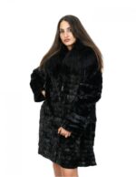 Mink petal coat 50 with fox fur collar hook closure and long sleeves