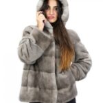 Giacca pelliccia 48 visone orizzontale grigio cappuccio manica lunga scuro