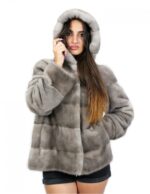 Giacca pelliccia 48 visone orizzontale grigio cappuccio manica lunga scuro