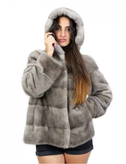 Giacca pelliccia 48 visone orizzontale grigio cappuccio manica lunga scuro