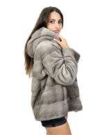 Fur Jacket 48 mink horizontal gray hood long sleeve dark - Image 3