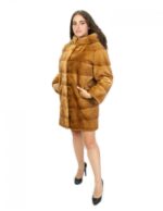 Coat 90 cm dark gold fur mink horizontal skins whole hood hooks external pockets - Image 4