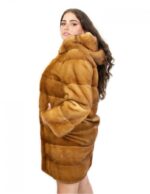 Coat 90 cm dark gold fur mink horizontal skins whole hood hooks external pockets - Image 2