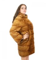 Coat 90 cm dark gold fur mink horizontal skins whole hood hooks external pockets - Image 3