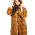 Coat 90 cm dark gold fur mink horizontal skins whole hood hooks external pockets
