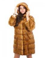 Coat 90 cm dark gold fur mink horizontal skins whole hood hooks external pockets