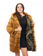 Coat 90 cm dark gold fur mink horizontal skins whole hood hooks external pockets - Image 6