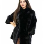 Visone orizzontale cappotto 74 cm nero 46 manica tre quarti con tasche esterne e ganci