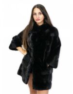 Visone orizzontale cappotto 74 cm nero 46 manica tre quarti con tasche esterne e ganci