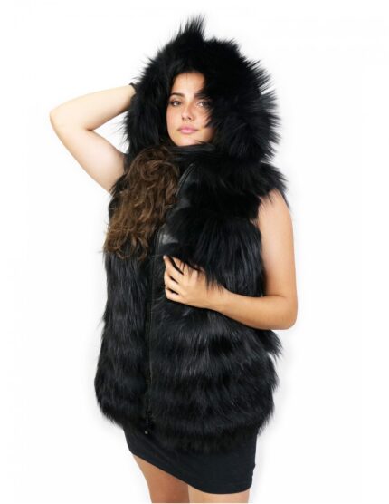 Gilet volpe colore nero 44 chiusura zip cappuccio pelle e pelliccia tasche esterne