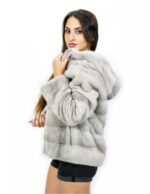 Giacca pelliccia zip visone orizzontale zaffiro 42 cappuccio manica lunga pelle