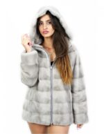 Giacca pelliccia zip visone orizzontale zaffiro 42 cappuccio manica lunga pelle