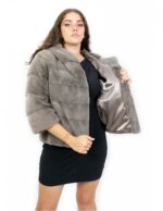Horizontal mink cashmere dove grey jacket 46 sleeves three quarters with external pockets and hooks - Image 7