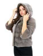 Visone orizzontale giacca tortora cashmere 48 manica tre quarti con tasche esterne e ganci