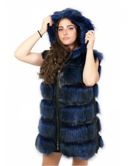 Gilet volpe colore blu 44 chiusura zip cappuccio tasche esterne zip laterali