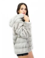 Fur jacket horizontal sapphire mink zip 44 hood long sleeve leather - Image 3
