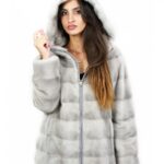Giacca pelliccia zip visone orizzontale zaffiro 44 cappuccio manica lunga pelle
