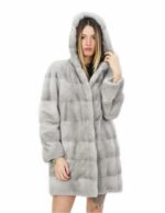 Cappottino in visone orizzontale grigio con cappuccio 50 lungo 84 centimetri con tasche esterne