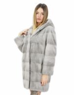 Grey horizontal mink coat with hood 50 84 cm long with external pockets - Image 3