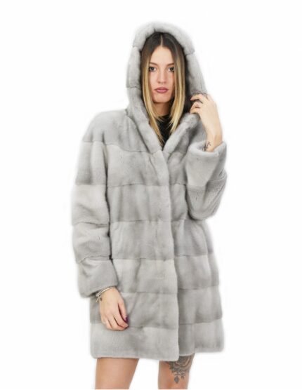 Cappottino in visone orizzontale grigio con cappuccio 52 lungo 84 centimetri con tasche esterne