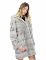 Grey horizontal mink coat with hood 52 84 cm long with external pockets - Image 4