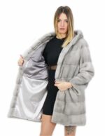 Grey horizontal mink coat with hood 52 84 cm long with external pockets - Image 7
