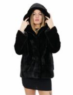 Cappottino nero in visone orizzontale con cappuccio 42 lungo 70 centimetri con tasche esterne